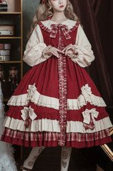 Rotkäppchen Reverskragen Weihnachtsschleife Hohe Taille Mehrlagiges Rüschen Süßes Lolita OP Kleid